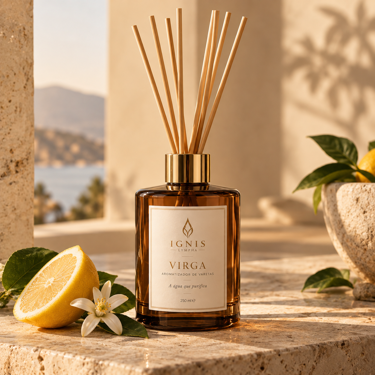 Ambientação conceitual IGNIS com difusor, travertino e luz natural